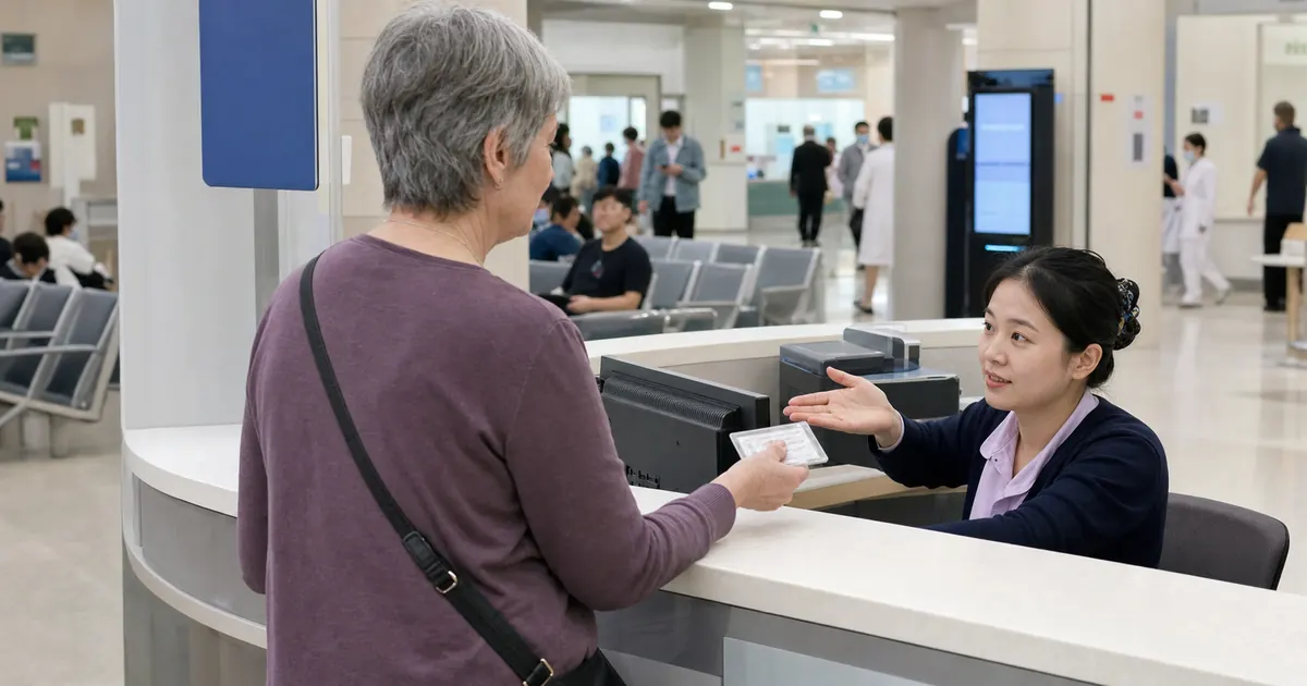 International patient checking in at a hospital registration counter in China