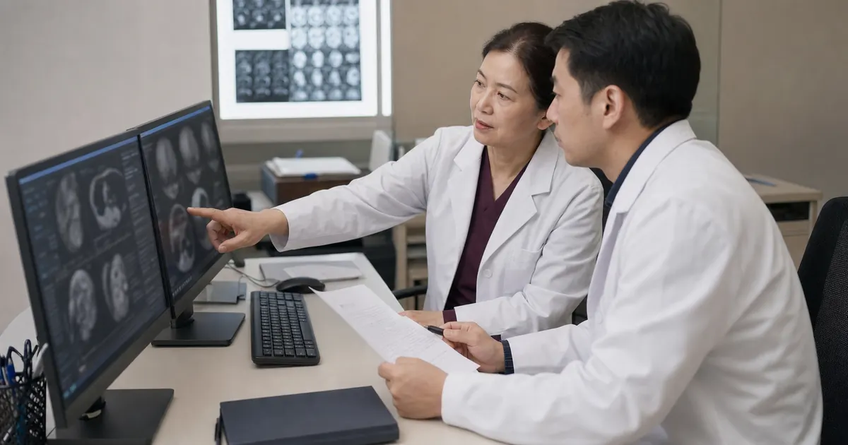 Two clinicians reviewing anonymized medical images for a second opinion